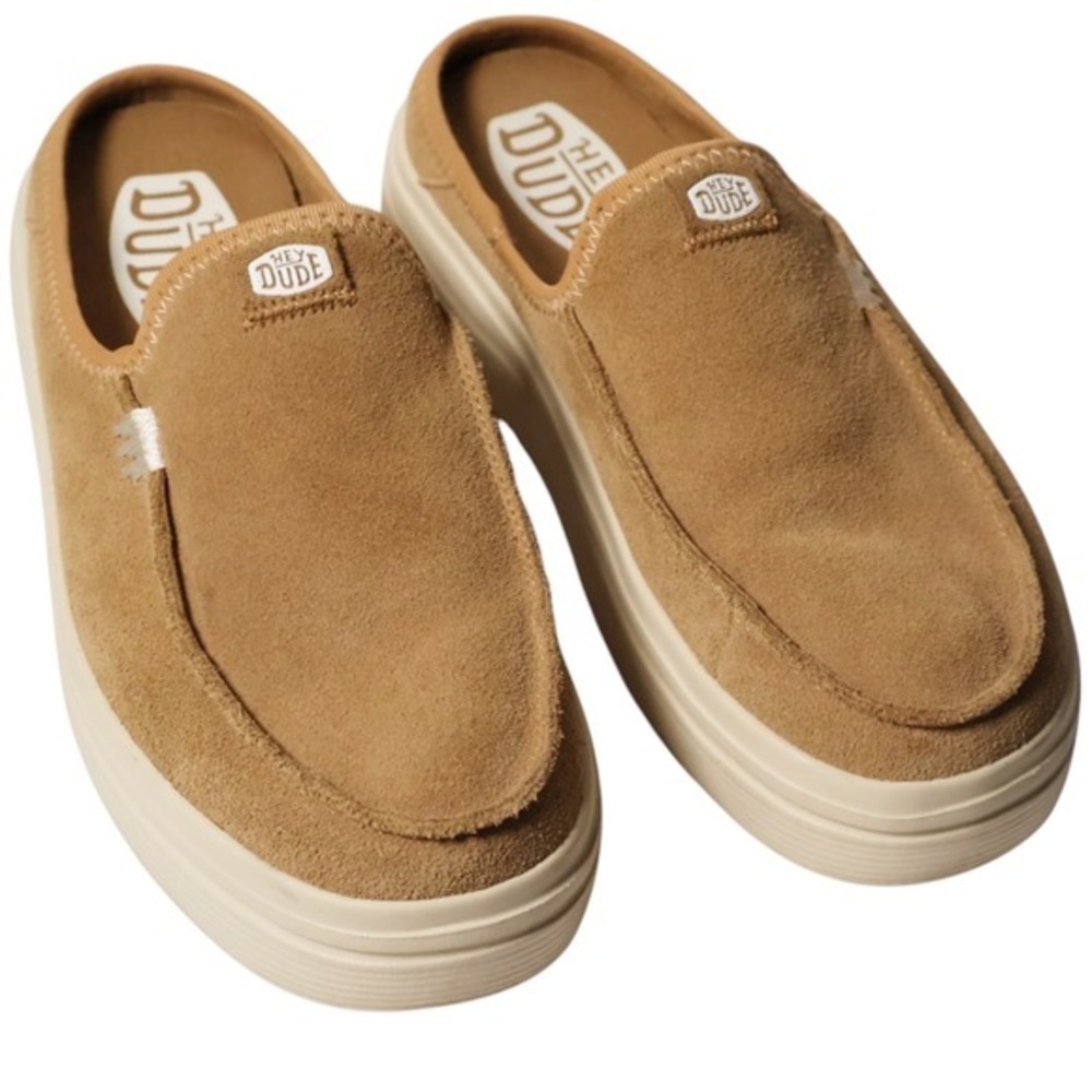 HEY DUDE Austin Lift Classic Tan Suede Platform Mule Slip On Clogs Size 7 - Picture 3 of 13